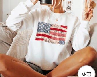 Faux Embroidery American Flag Hoodie, Patchwork USA Flag Sweatshirt, Vintage 4th of July Pullover, Patriotic Quilt Design, Boho USA Jumper