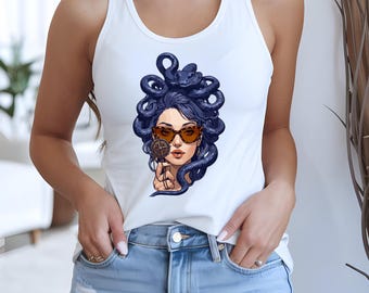 Medusa Tank Top: Mythological Goddess Graphic with Glasses