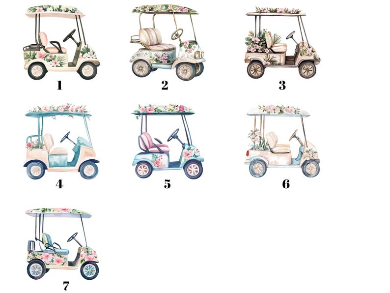 K&ouml;nnte beinhalten: Aquarellillustrationen von Golfwagen, die mit Blumenarrangements verziert sind. Jeder Wagen hat ein anderes Farbschema, darunter Rosa, Blau und Creme, mit passenden floralen Akzenten auf Dach und Karosserie. Die Wagen sind vor einem wei&szlig;en Hintergrund.