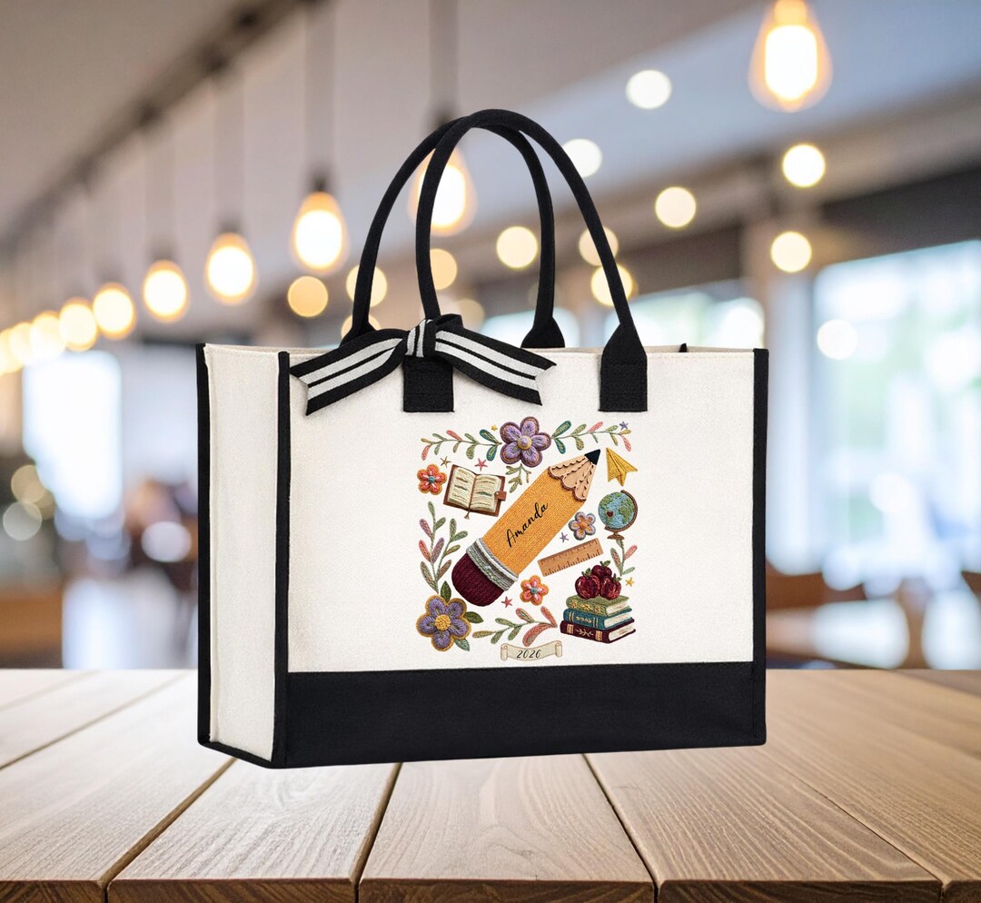 Personalized Teacher Tote Bag, Faux Embroidery School Canvas Bag ...