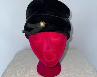Vintage Union Made USA Black Velvet Hat with Pearl Accent Old Money
