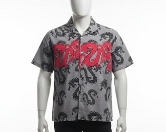 Camisa vintage con estampado de dragón Y2K en gris y rojo XXL, estilo gótico, estilo grunge