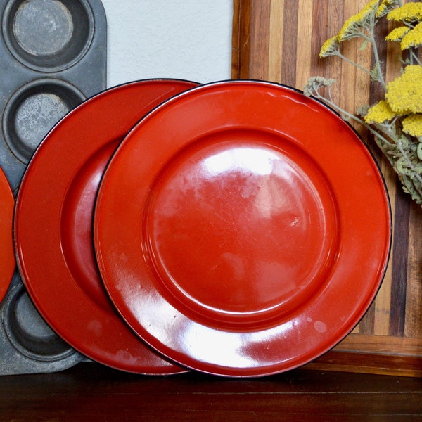 2 Vintage Red Enamel Plates Black Rim Kitchen Decor Home Large Dining Bright Kitchenware Mid Century Camping Retro Tapas Kitchen Decor