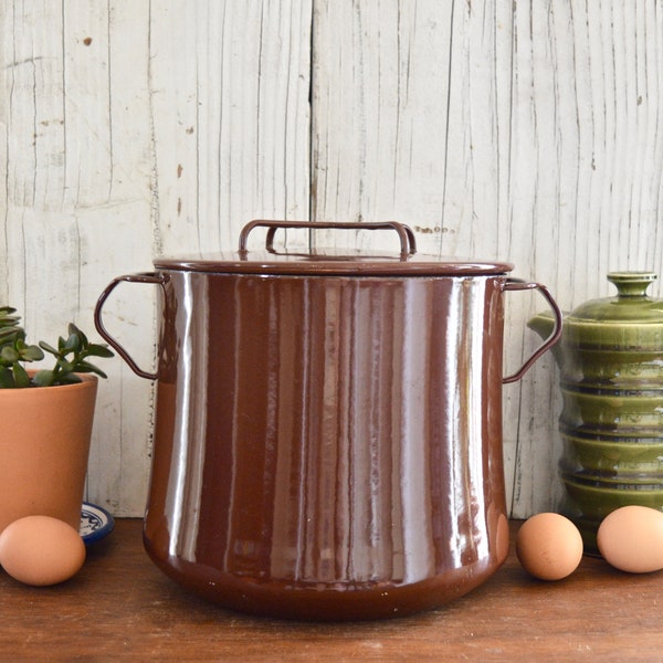 Vintage Brown White Dansk Kobenstyle Enamel Stock Pot Cookware Soup Enamelware 8 Qt with Lid Kitchen Decor - IHQ Enameled Jens Quistgaard