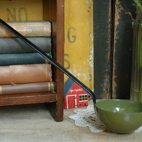 Vintage Beautiful Green and Black Enamel Metal Soup Ladle Kitchen Utensil Decor made in Poland