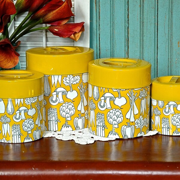 Vintage Kitchen Tin Canister Set Nesting Tins 4 Yellow Vegetables Retro Veggies Garden Farm