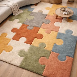May include: A large, colorful area rug with a puzzle piece design. The rug features various colors, including beige, orange, yellow, green, gray, and blue. The rug is placed on a hardwood floor, creating a cozy and inviting atmosphere.