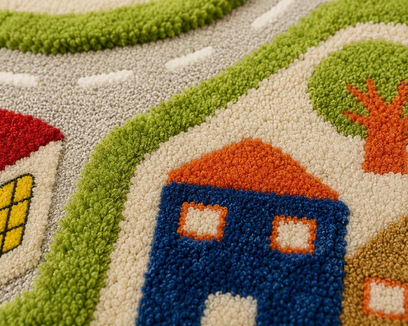 May include: A tufted rug featuring a colorful town scene with a gray road, green grass, and houses with red, orange, and blue roofs. The textured surface displays detailed patterns of trees and buildings in vibrant shades of red, blue, and green.