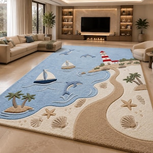 May include: A large rectangular area rug featuring a coastal theme with a light blue ocean, a sandy beige beach, and a winding path. The design includes a red and white lighthouse, sailboats, jumping dolphins, palm trees, and seashells.