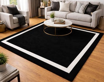 Alfombra minimalista con borde negro, hecha a mano y con mechones, alfombra moderna de lana, alfombra de pelo cortado en blanco y negro, decoración personalizada para sala de estar.