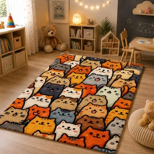 May include: A rectangular area rug featuring a repeating pattern of cartoon cat faces in various colors including orange, gray, brown, white, and black. Each cat face displays a simple expression with eyes, a nose, and a mouth, covering the entire surface.