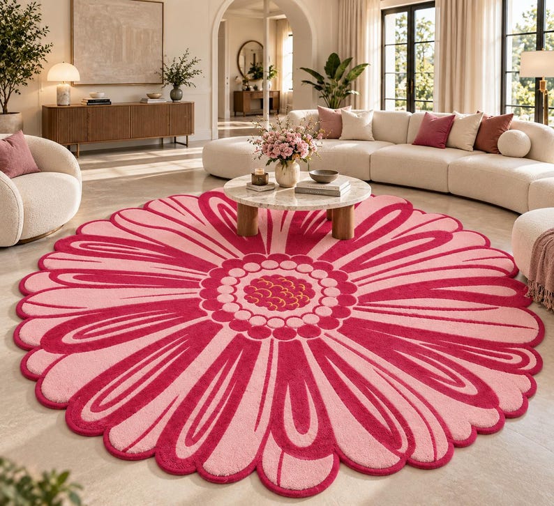 Floral Rug Designer Pink Flower Tufted Rug, Handmade Floral Area Rug, Scalloped Daisy Rug ...