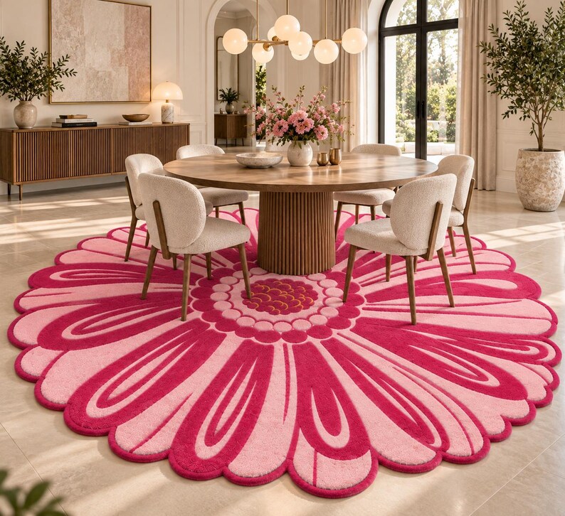 Floral Rug Designer Pink Flower Tufted Rug, Handmade Floral Area Rug, Scalloped Daisy Rug ...