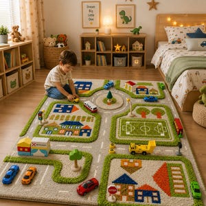 May include: A rectangular area rug featuring a colorful city map design with roads, green spaces, a soccer field, and various buildings. The rug includes small toy cars and traffic signs placed on the surface, creating a play area for children.