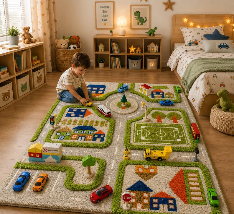 May include: A rectangular area rug featuring a colorful city map design with roads, green spaces, a soccer field, and various buildings. The rug includes small toy cars and traffic signs placed on the surface, creating a play area for children.