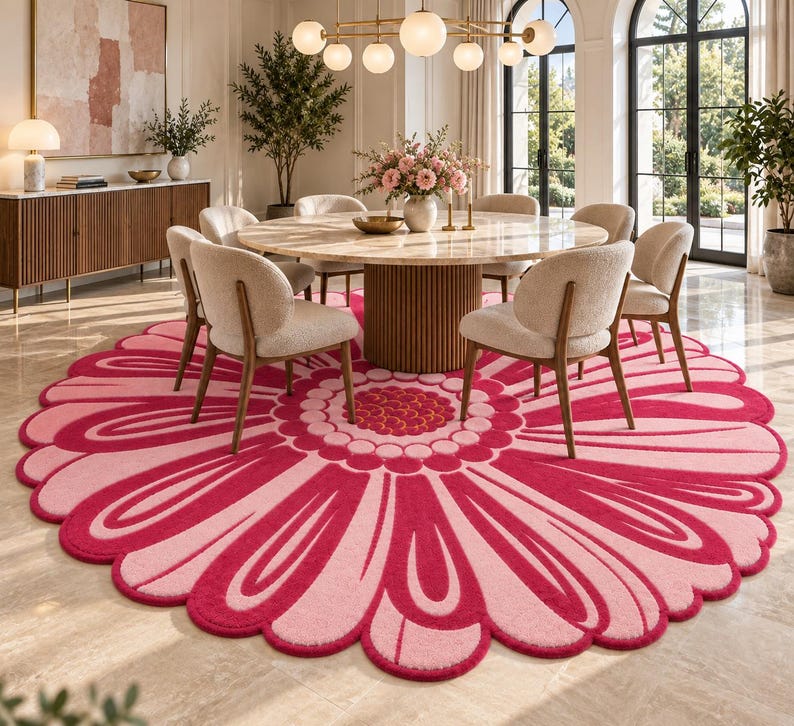 Floral Rug Designer Pink Flower Tufted Rug, Handmade Floral Area Rug, Scalloped Daisy Rug ...