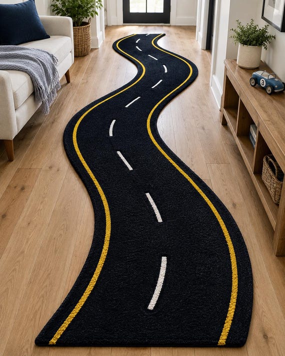 Road Runner Rug, Handmade Tufted Road Rug, Black Highway Rug, Kids Room Rug, Car Playroom Rug, Nursery Runner, Cut Pile Area Rug