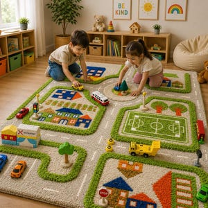 May include: A rectangular area rug featuring a colorful city map design with roads, green spaces, a soccer field, and various buildings. The rug includes small wooden toy cars, a traffic light, a stop sign, and trees placed on the textured surface.