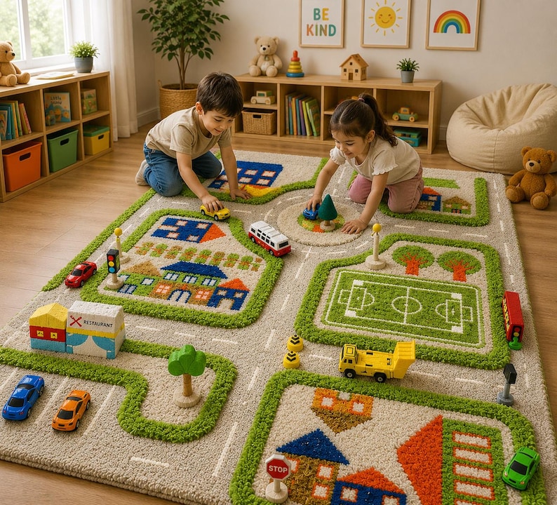 May include: A rectangular area rug featuring a colorful city map design with roads, green spaces, a soccer field, and various buildings. The rug includes small wooden toy cars, a traffic light, a stop sign, and trees placed on the textured surface.
