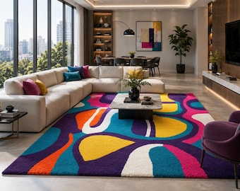 Tapete abstrato colorido, tapete moderno de lã tufada, tapete roxo, rosa, azul-petróleo e amarelo, tapete geométrico retrô, decoração de sala de estar de meados do século