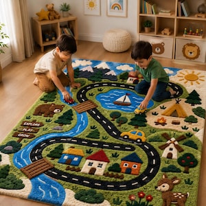 Kids Playroom Rug, 3D Village Road Rug, Handmade Tufted Kids Rug, Colorful Car Track Area Rug, Nursery Bedroom Play Mat, Custom Rug