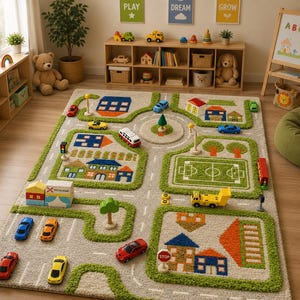 May include: A rectangular area rug featuring a colorful city map design with roads, houses, a soccer field, and parking spaces. The rug has a textured surface with green grass areas, gray roads, and various buildings in blue, orange, and red tones.