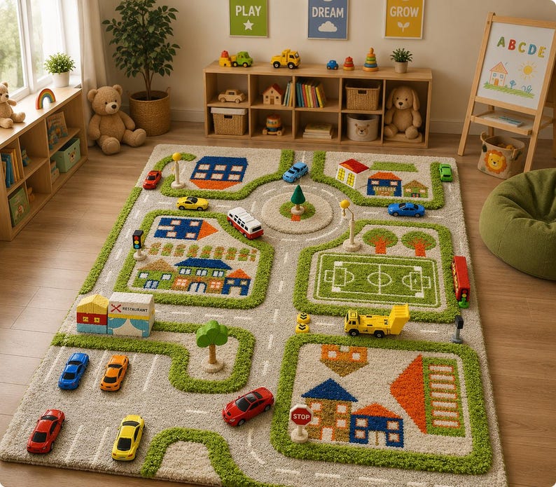 May include: A rectangular area rug featuring a colorful city map design with roads, houses, a soccer field, and parking spaces. The rug has a textured surface with green grass areas, gray roads, and various buildings in blue, orange, and red tones.