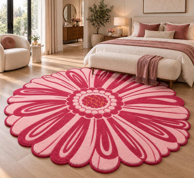 Pink Flower Tufted Rug, Handmade Floral Area Rug, Scalloped Daisy Rug ...