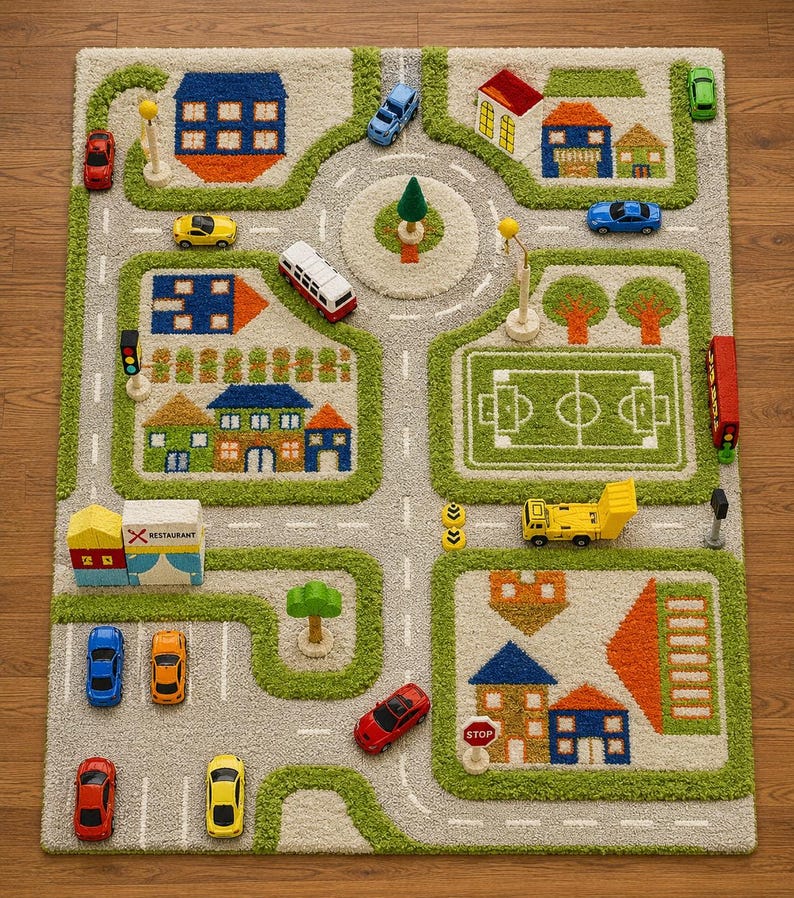 May include: A rectangular area rug featuring a colorful city map design with gray roads, green grass patches, and various buildings including houses and a restaurant. The rug includes toy cars, a bus, and a truck placed on the road sections.