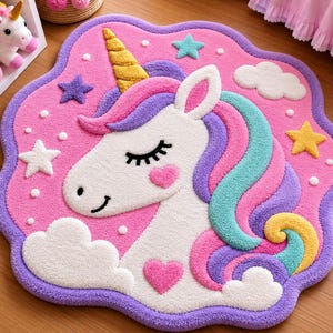 May include: A tufted rug shaped like a cloud with a pink background featuring a white unicorn with a gold horn, closed eyes, and a pink heart on its cheek. The design includes a multi-colored mane in pink, purple, and teal, white clouds, and stars.