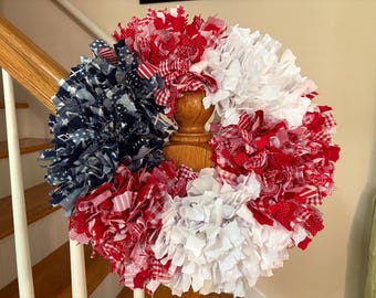 Patriotic Rag Wreath | Handmade Red White & Blue Front Door Wreath | Americana Farmhouse Decor | Fourth of July Door Hanger