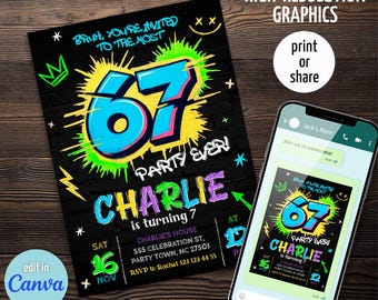 Six Seven Party birthday invitation, printable six seven invite, editable 6 7 meme Party template, digital template, girl boy birthday