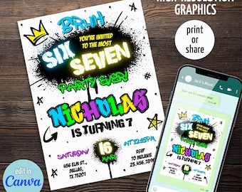 Six Seven Party birthday invitation, printable six seven invite, editable 6 7 meme Party template, digital template, girl boy birthday