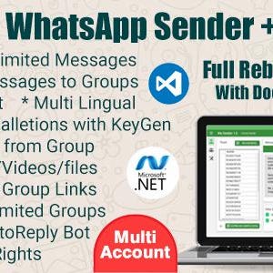 Puede incluir: Un portátil que muestra una interfaz de software para un bot de envío de WhatsApp. La imagen incluye texto como "Bulk Send Unlimited Messages" y "Full Rebrand Rights". También son visibles los logotipos de Microsoft .NET y una función multi-cuenta.