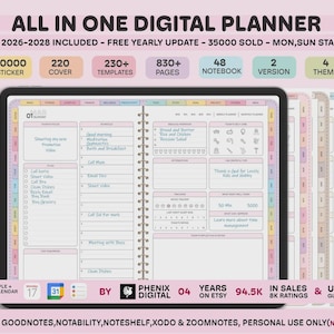 May include: Digital planner displayed on a tablet, featuring a daily schedule and various sections. The planner includes 50,000 stickers, 220 covers, 230+ templates, and 830+ pages. The text on the image says "All in One Digital Planner".
