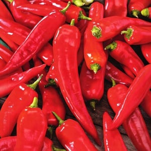 Może przedstawiać: Stos żywych czerwonych papryczek chili z zielonymi łodygami. Papryczki mają gładką, błyszczącą teksturę i długi, smukły kształt. Obraz jest zbliżeniem, ukazującym żywy kolor i świeży wygląd papryczek.