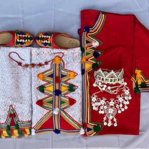 Komplett Amazigh-klänning, Amazigh-outfit, Berberkläder med accessoarer, halsband, tofflor, kaftan