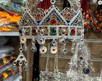 Silver Enamel Amazigh Taounza Crown, Ethnic Berber Head Ornament with Dangling Tassels