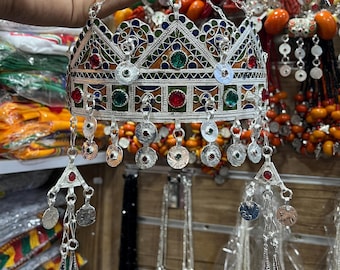 Moroccan Amazigh Taounza Berber Tiara, Handmade Silver and Glass Bead Head Jewelry
