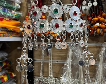 Handcrafted Amazigh Taounza Silver Headpiece with Enamel Details and Pearl Accents