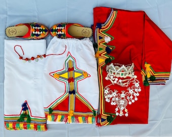 Amazigh Dress Berber Clothes Complete, Handmade Amazigh Outfit with Kaftan and Jewelry