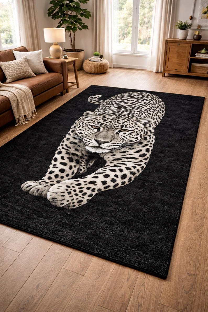 Hand Tufted Leopard Area Rug, Plush Black Wool Carpet, Luxury Modern ...