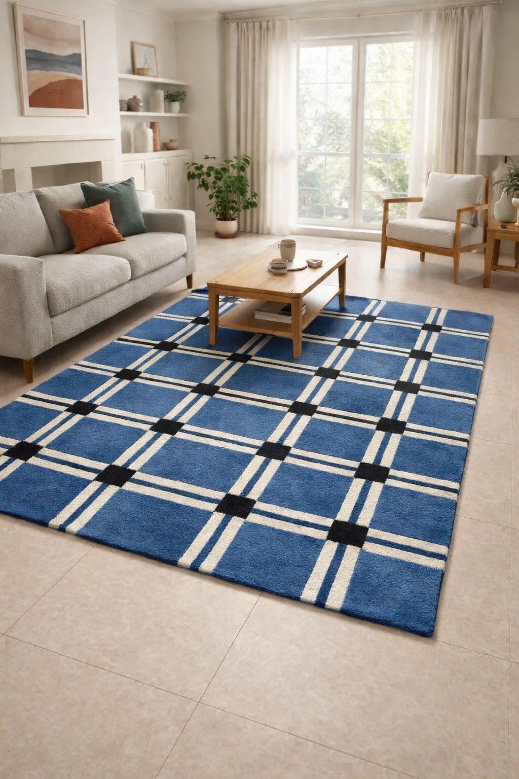 Blue Checkered Area Rug Modern Geometric Plaid Carpet Handmade Tufted ...