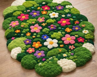 Hand Tufted Moss Floral Rug - Colorful 3D Garden Wildflowers Boho Bedroom Decor