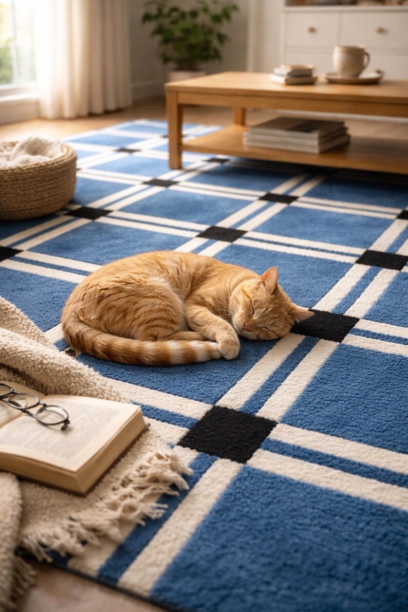 Blue Checkered Area Rug Modern Geometric Plaid Carpet Handmade Tufted ...