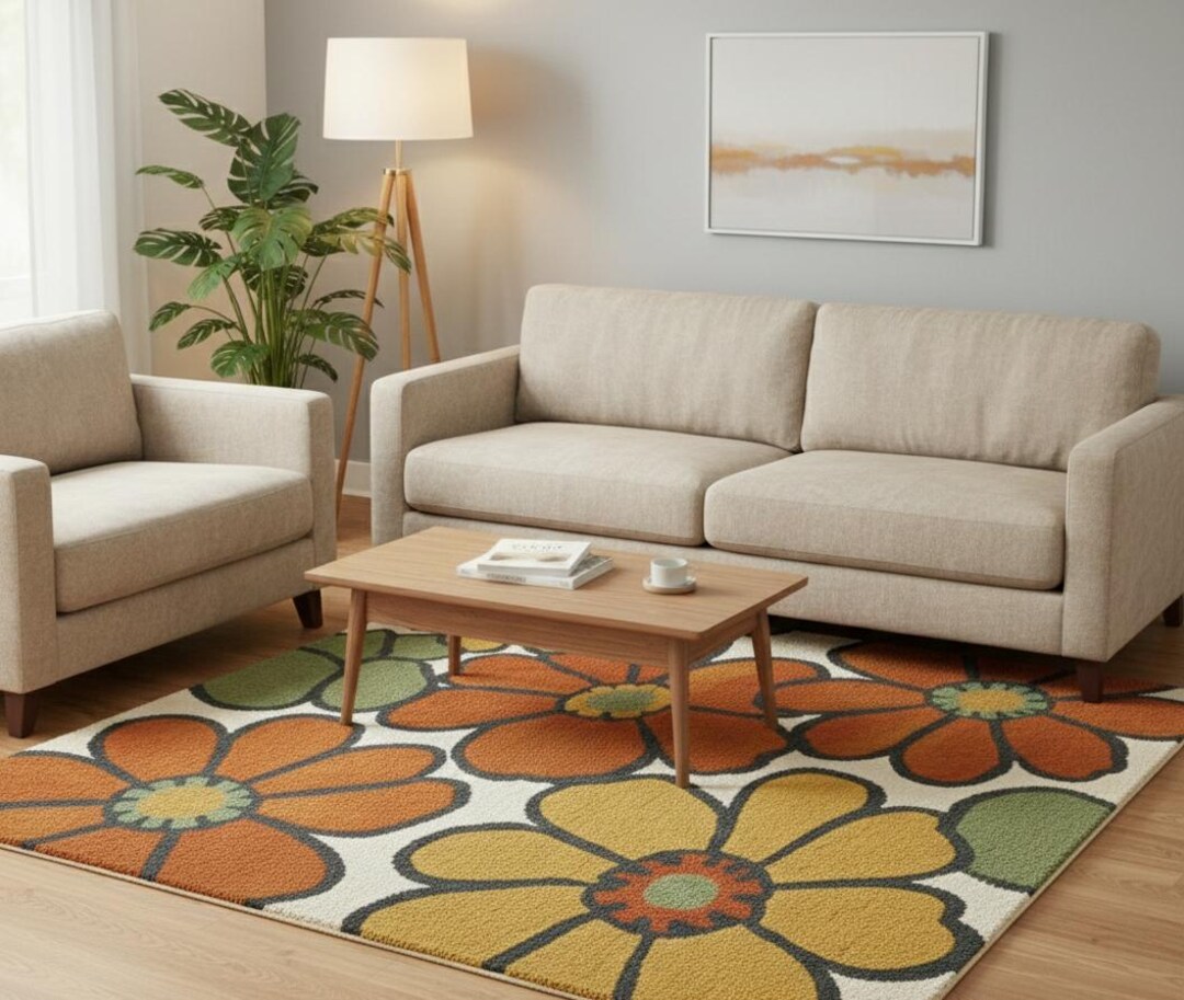 Hand Tufted Retro Floral Wool Area Rug With Grey Cotton Backing, Modern ...