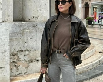 Vintage Oversized Leather Bomber Jacket | Distressed Brown Aviator Coat