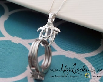 AloraLocks Hawaiian Sea Turtle Honu Wedding Ring & Charm Holder Pendant Sterling Silver