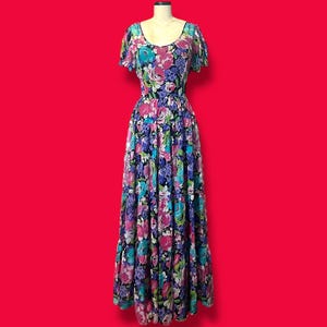 Y2K Betsey Johnson Silk Sheer Tiered Maxi Dress Puff Sleeve Floral Fairytale Whimsy Tea Party Whimsigoth Edgy Alt-Style Goth Cottage Vintage