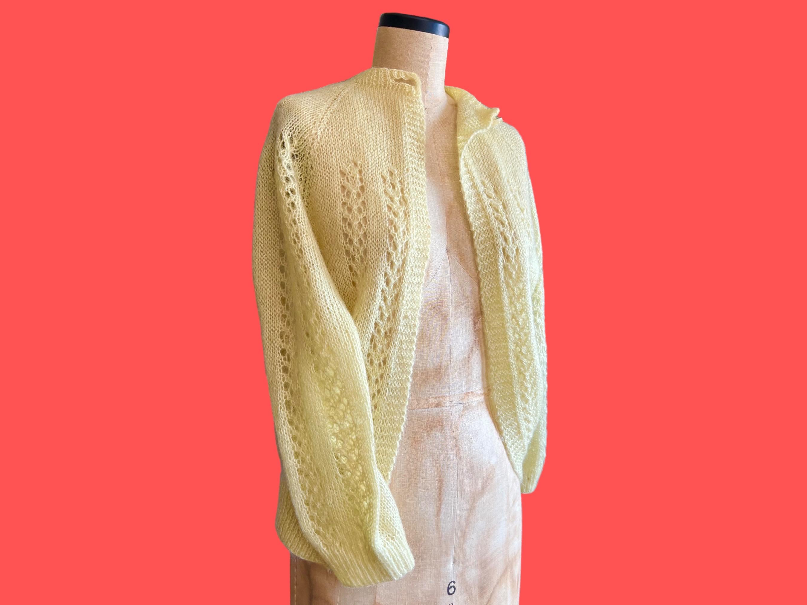 トップス Vintage 50s 60s mohair knit cardigan VTG 1950s 1960s Mohair Cardigan Sweater Light Yellow Fifties